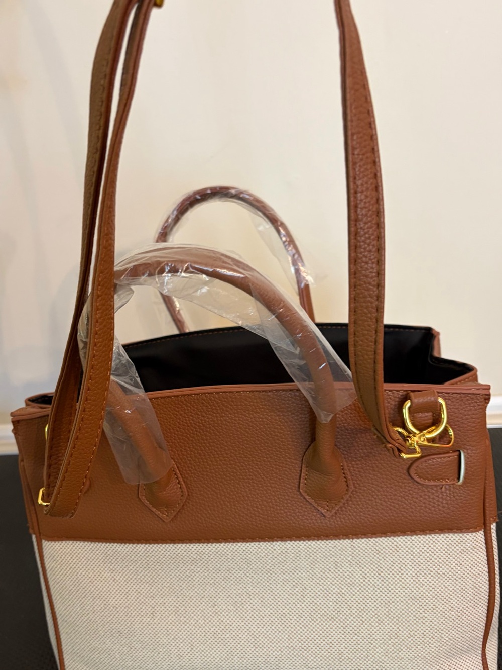 Structured vegan leather and canvas cargo top Handle Satchel - Picture 11 of 11